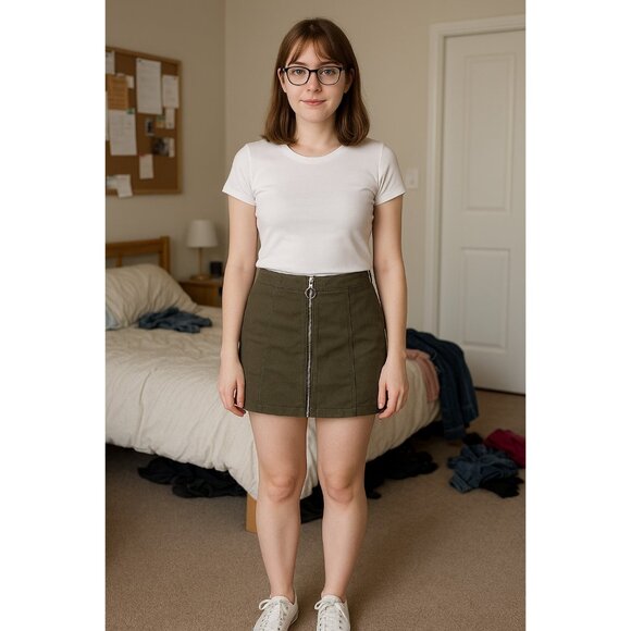 Chloe & Katie Olive Green Mini Skirt Size L Cotton Zip Front Utility Style - Picture 1 of 6